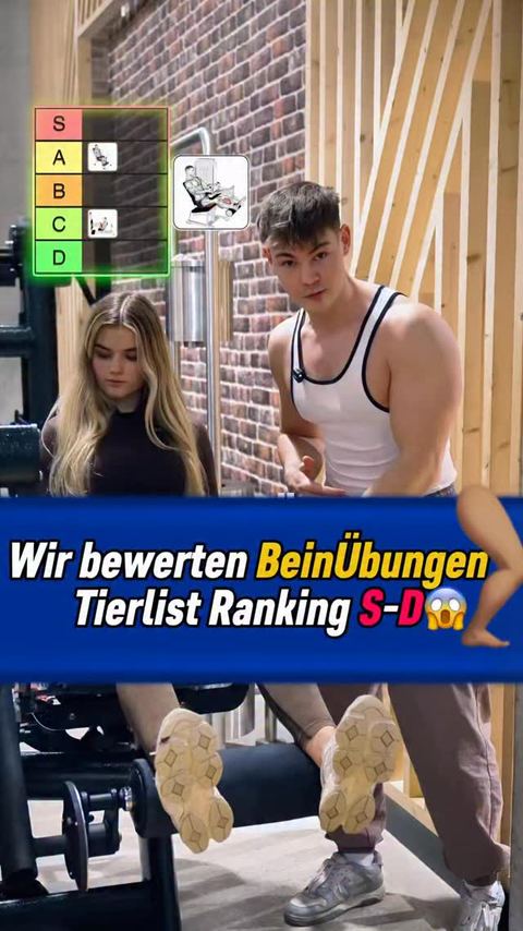 Instagram-Reel: Tobi und eine Frau im Gym vor einer Rangliste für Beinübungen