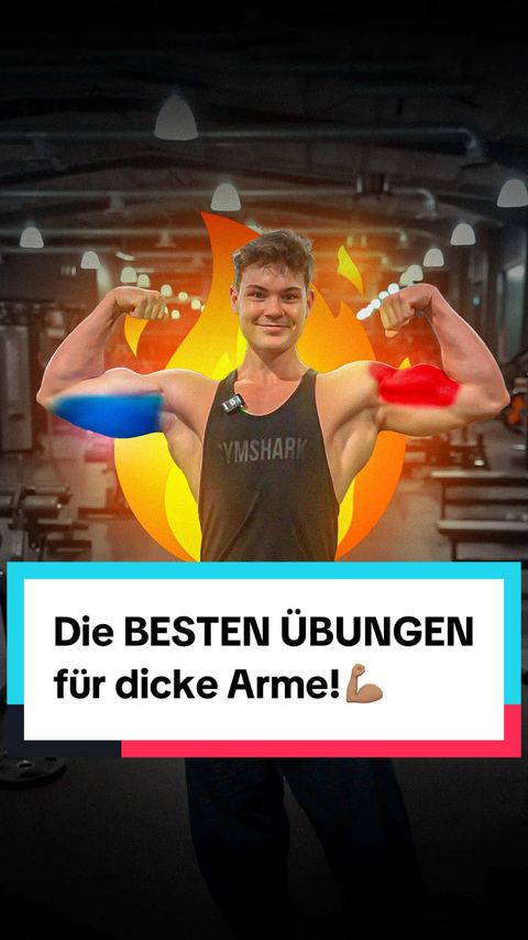 TikTok-Video: Tobi zeigt seine Arme, dazu der Text: Die besten Übungen für dicke Arme