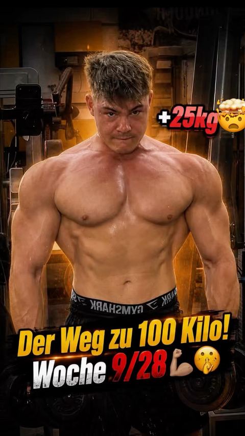 YouTube-Short: Tobi im Gym mit dem Text: Der Weg zu 100 Kilo, Woche 9 von 28